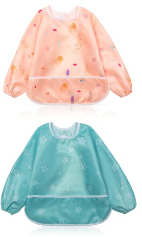Little Dimsum Long Sleeves Toddler Weaning Bibs |Sleeved Baby Waterproof Feeding Coverall Set | Catching Food & Wipe Clean 6-36 Months（Octopus&Flower）