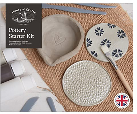 House of Crafts Pottery Starter, Single Craft Kit Set, Multicoloured, Includes Air Dry Clay, Sculpting Tools, Glaze, Paint, Instructions