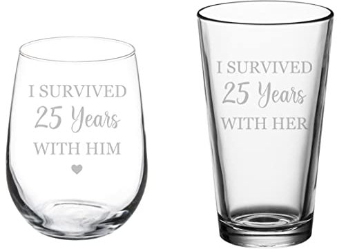 MIP Set mit 2 Gläsern ohne Stiel, Wein- und Bierglas, Geschenk I Surived 25 Years 25th Anniversary