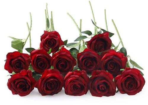 12 Stück Rot Künstliche Rosen, Einzelne Langstielige Künstliche Dunkelrote Rosen, Realistische Kunstrosen für Hochzeitsdeko Brautsträuß Heiratsantrag Geburtstag Party Haus Garten Decor (Tiefrot)