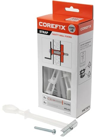 Corefix Fijación de pared con cavidad de correa, paquete de 8 (M5 x 40 mm), palanca universal de metal resistente para placas de yeso, ladrillo hueco o bloque. Sujeción segura, fácil de instalar y