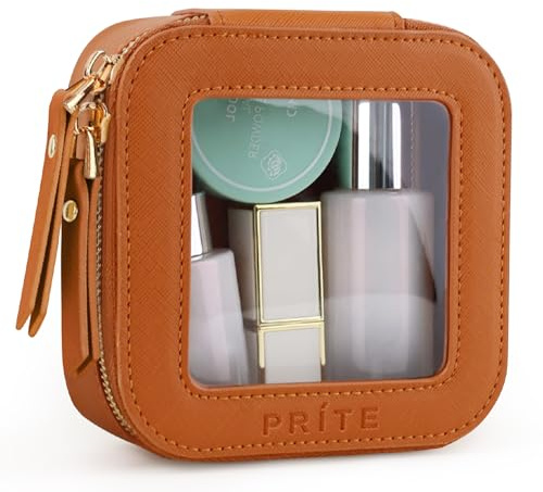 Prite Kleine Transparent Kosmetiktasche Mini Make Up Tasche Damen Reise wasserdichte Kulturbeutel Autozubehör und Auto Organizer mit Goldenem Doppelreißverschlüss (Braun)