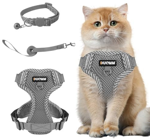 Muecleao Katzengeschirr mit Leine Ausbruchsicher, Katzenleine mit Geschirr für Katzen, Verstellbares Katzengeschirr Katzenhalsband mit Reflektierenden Streifen für Outdoor Training Gehen (Grau, XL)