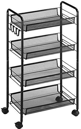 HOMCOM Servierwagen mit 4 Ebenen Küchenwagen mit abnehmbar Korb Haken Griff Rollwagen mit Allzweckwagen Küchenregal mit Rollen für Küche Büro Badezimmer, Stahl, Schwarz
