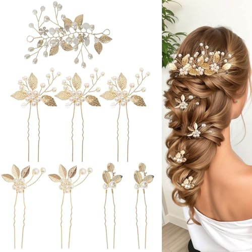 Bridal Wedding Hair Pins,8 Pcs Bridesmaid Hair Clips,Wedding Hair Vine,Gold Leaf Crystal Pearl Hair Pins,Crystal Pearl Hair Clips Headpiece,For Brides Bridesmaids Girls Updo Hair Accessories