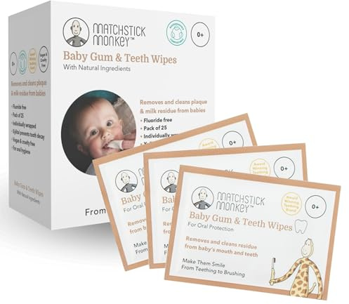 Matchstick Monkey Baby Gum & Teeth Wipes, Gently Remove Milk Sugars & Residue, On-the-go Oral Hygiene, Flouride-Free, Prevent Plaque Buildup, 0 Months +, Pack of 25