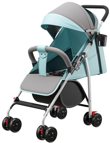 MUL-BOUTIQUE Kompakter Kinderwagen, 0 – 4 Jahre (max. 30 kg), leicht (4,8 kg), bequem, faltbar und neigbar, mit Baumwolle, Getränkehalter, Sonnendach (hellblau)