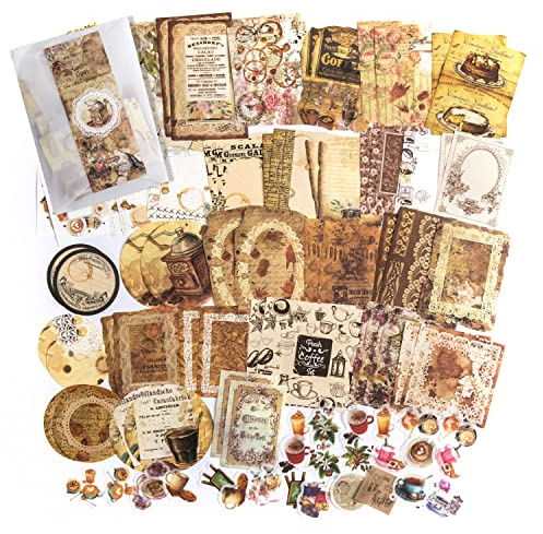 200Pcs Vintage Scrapbook Stickers, DIY Retro Journaling Scrapbooking Supplies Stickers, Decorative Aesthetic Stickers Paper Set for Scrapbook, Album, DIY Craft and Bullet Journal(Coffee Album)