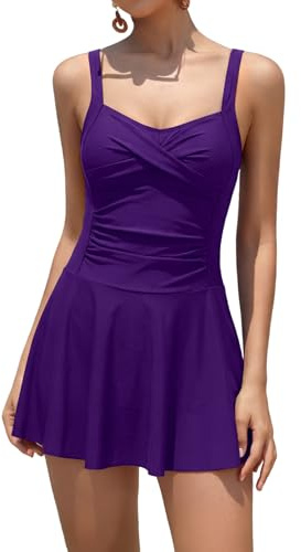 SHEKINI Women One Piece Swim Dress Twist Front Ruched Tummy Control | Skirted Swimsuit, Padded Swimdress, Retro Bathing Suit with Shorts, Non-removable Fixed Padding, Adjustable Straps