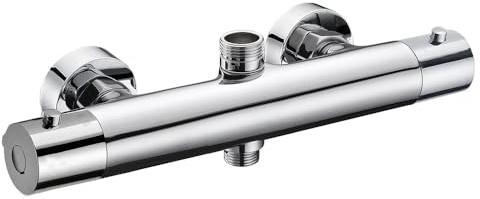 Grifo Termostático para columna de ducha, con desviador. Fabricado en latón con acabado cromo brillo. Incluye embellecedores