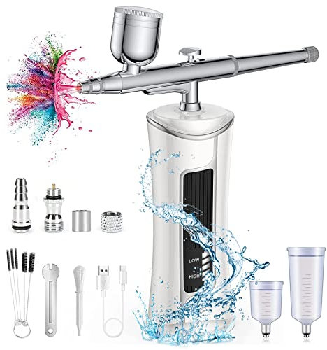 Cordless Airbrush Kit, Portable Handheld Mini Air Brush Set with Compressor and Power Display, 28 PSI High Pressure Airbrush Kit with USB Charging for Painting, Tattoo, Makeup,Cake Decoration -White