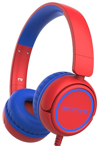 IMYB Kinder kopfhörer, Kopfhörer für Kinder mit Kabel, faltbar, Stereo Sound, Sichere Lautstärkebegrenzung, 3,5 mm Jack, Over Ear Kinderkopfhörer für Schule, Junge, Mädchen, Tablet, PC, Rot