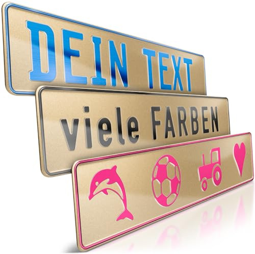schildEVO 1 Fun-Schild geprägt | Gold Glitter mit Wunschtext bis zu 16 Zeichen | Aluminium Namensschild | Individuelles Fun-Kennzeichen | Bohrlöcher & Saugnäpfe