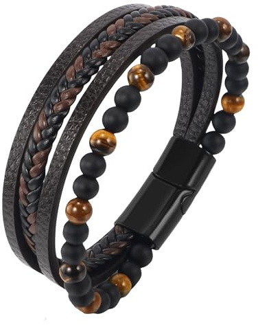 Pulsera de Hombre con Cuentas de Piedra Natural Ojo de Tigre, Brazalete de Cuero Auténtico Multicapa Trenzado a Mano, Pulsera Enrollable con Cierre Magnético Moderno y Elegante para Regalo