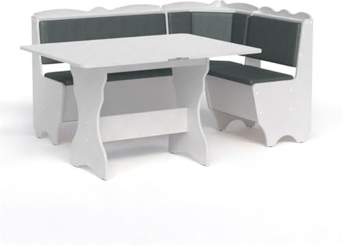 Rodnik Eckbankgruppe Rhodos grau-weiß, Sitzbank, Truhenbank 150x110 cm Kunstleder, Esstisch ausklappbar weiß 90cm x 59/118 cm