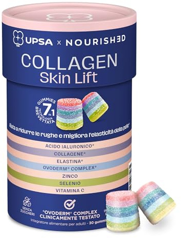 UPSA x Nourished Collagene Skin Lift, 30 Gummies, Integratore Alimentare con Acido Ialuronico ed Elastina, Caramelle Gommose Gusto Frutta, Senza Zucchero, Vegetariano