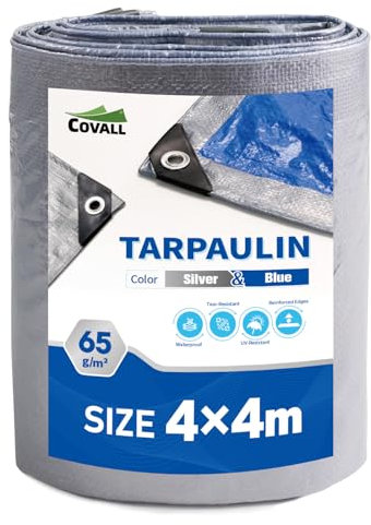 Covall Bâche de Protection Imperméable Exterieur 65g/m² Argent/Bleu légères 4x4m étanche Trous soudés aux Moisissures Multi usages UV pour Voiture Camion RV Maison Tente Bateau Piscine