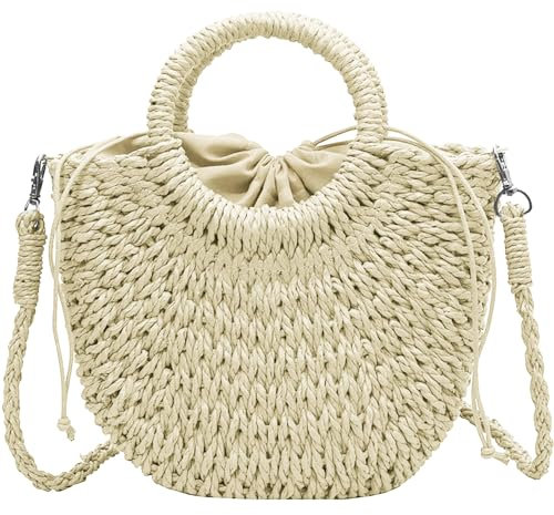 LATRAT Sommer Stroh Handtasche Damen Handgewebte Tasche, Griff oben, Strohhandtasche, Abnehmbarer Schultergurt, Clutch, Sommer Strandtasche Strohtasche Umhängetasche Flechttasche, Beige