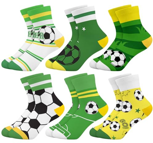 Queenshin 6 Paires Chaussette Garçon Enfants Football Vert Jaune Rayé Rigolotes Fantaisie Sport Chaussette Courtes Basse Idée Cadeau Confortable et Respirant de 9 à 14 Ans Taille 32-38