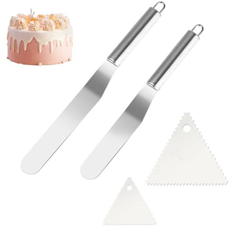 2 Pezzi Spatola per Dolci Acciaio Inox, 20cm/15cm Spatola per Pizza, Coltello Paletta Glassa da Cucina, Palette Angolate per Dolci Cuocere Spalmare e Decorare Torte Pasticceria, con 2 Raschietti