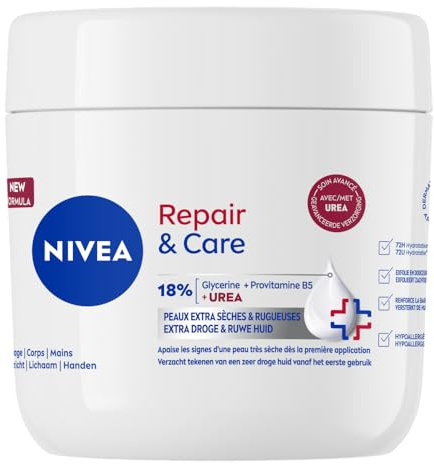 NIVEA Repair & Care - Crème Corps, Visage & Mains - Hydratation 72H - Exfolie En Douceur - Protège La Barrière Cutanée - Glycérine, Provitamine B5 & Urée - Peaux Extra-Sèches & Rugueuses - 400 ml