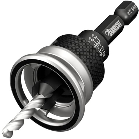 1 broca avellanadora SabreCut SCRCS12 de TCT n.° 12 con tope de profundidad ajustable - Avellanador de 3/8, broca HSS de 3,5mm (9/64), collar de fácil giro, vástago hexagonal de 1/4 para madera