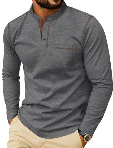 PrinStory långärmad tröja herr Henley t-shirt bomull rund hals pullover casual toppar för män, Mörk grav, S