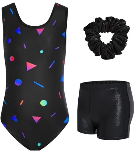 JiAmy - Leotardos de gimnasia para niñas, sin mangas, brillantes, con pantalones cortos, para baile y bicicleta, traje de ballet y acrobacias para 3-12 años, Negro neón, 9-10 años