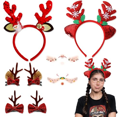 4 Pièces Bandeau de Noël Renne, Bandeau de Renne avec Bois et Barrettes à Cheveux, Accessoire Capillaire Adulte pour Costume de Noël et Carnaval