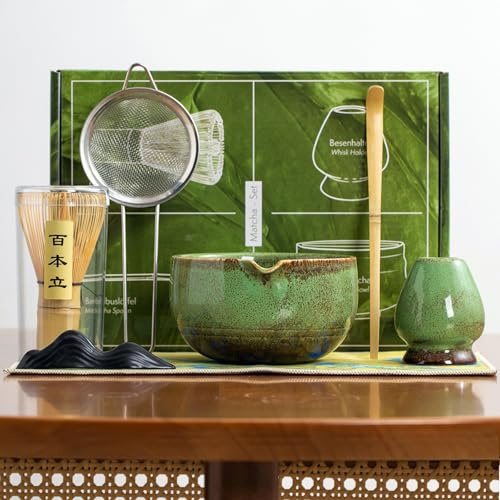 TOJUNE Matcha Kit 7 Piezas, Ciotola Matcha con Beccuccio, Frusta al Matcha, Supporto per Frusta, Cucchiaino, Asciugamano per Tè, Filtro, Matcha Set Perfetto per Macha (Verde Screziato)