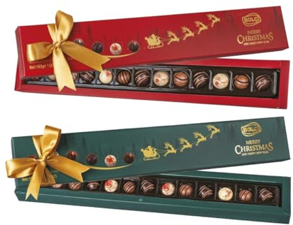 Bolçi Cioccolatini Natalizi di Lusso, Confezione Regalo Festiva con Praline Assortite, Scatola Rossa e Verde con Fiocco Dorato, 102g