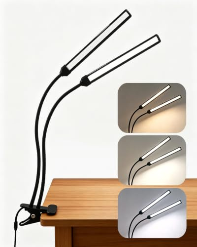 Dual-Light-Bar LED Clip On Light for Painting Easel, Desk, Bed Headboard | Two 36CM LED Light Bars for Wide Coverage, 3 Colours x 10 Brightness Dimmable, Flexible Neck, USB Powered, Black