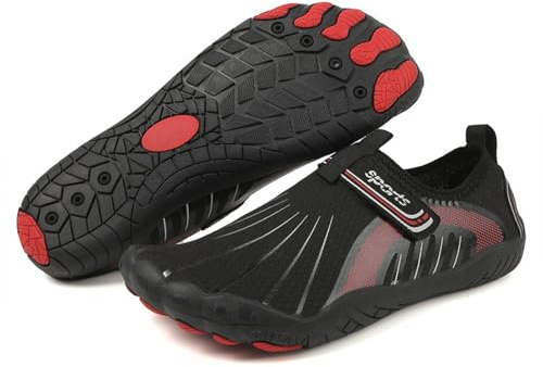 Chaussures Aquatiques Pied Nu Unisexe Homme Femme avec Scratch Ajustable,Maille Respirante séchage Rapide antidérapante,Plage Natation Yoga randonnée rivière Sport Fitness Outdoor été(Black,44)