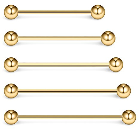 Ruifan 5PCS 16 Gauge Mix Sizes Industrial Barbell Cartilage Earring Body Piercing Jewelry 28mm 32mm 35mm 38mm 40mm - Gold
