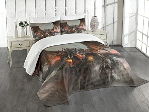 ABAKUHAUS Fantasy World Tagesdecke Set, Drachen Monster, Set mit Kissenbezug Klare Farben, für Einzelbetten 170 x 220 cm, Braunen Grauen