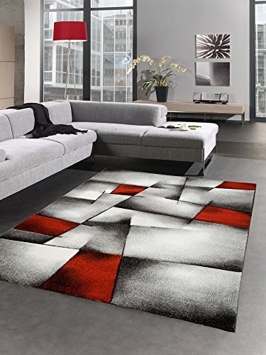 CARPETIA Moderner Teppich Kurzflor Wohnzimmerteppich Konturenschnitt karo abstrakt grau schwarz Weiss rot Größe 200 cm Rund