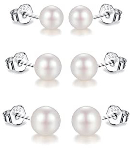 3er Perlenohrringe Silber 925 Weiße Perlenohrstecker Echte Perlen Süßwasserperlen Ohrringe Stecker Süßwasser-zuchtperlen Ohrringe 5mm 6mm 7mm 3 Paar Set