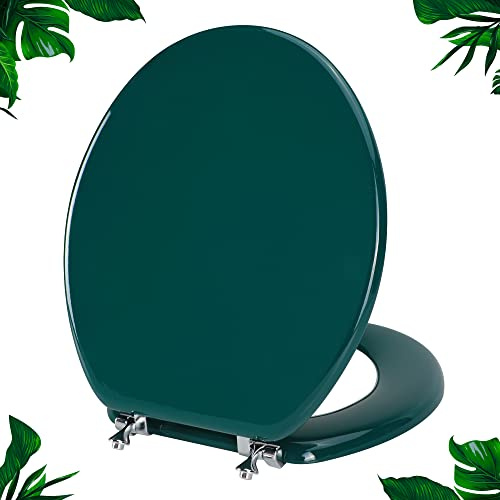 Dark Green Round Toilet Seat Natural Wood Toilet Seat with Zinc Alloy Hinges, Easy to Install also Easy to Clean, Scratch Resistant Toilet Seat by Angol Shiold (Round, Dark Green)