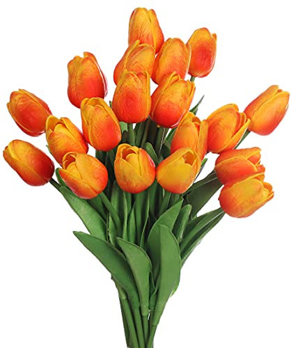 huaao 24pcs Tulipes artificielles en Latex Bouquet Fleurs Artificielles Toucher réel Bouquets à Faire soi-même, fête de Table de Mariage, Décoration Bureau, Arrangements Floraux, Sunset Gold