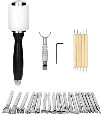 QWORK® 27 piezas juego de herramientas para manualidades de cuero, sello de cuero, sello de dibujo, martillo de nailon y cuchillo para tallar, para hacer manualidades en cuero
