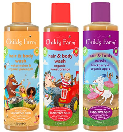Childs Farm, Kids Hair and Body Wash Multipack Bundle, 3 x 250ml, Watermelon and Pineapple, Sweet Orange and Blackberry and Organic Apple, Suitable for Dry, Itchy and Eczema-prone Skin