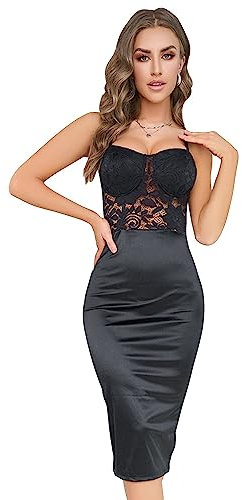 KBRPEY Robe à Bretelles Femme Spaghetti Moulante Bustier Dentelle Robes Chic Et Elegant Midi Cocktail Soirée Club Vetement Fête Summer Dress Bretelle Fines