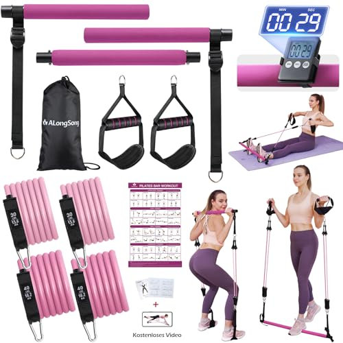 ALongSong Pilates Bar Set mit Widerstandsbänder Krafttraining 180LBS/140LBS Resistance Bands Fitnessbänder Set & Pilates-Stange, Griffe für Fitness/Yoga/Gym