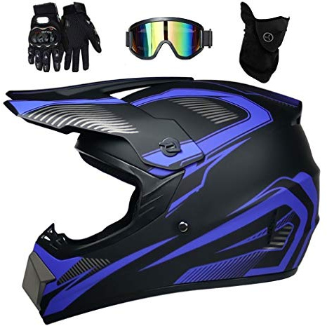 Youth Kids Sport Motocross Helmet, Unisex Full Face MTB Off Road ATV Karting Motorbike Helmet, Downhill Enduro Racing MX Quad Dirt Bike Crash Helmet, with Goggles Gloves Mask ( Color : Blue , Size : S