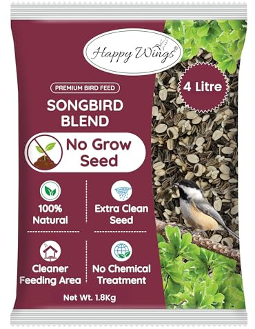 Happy Wings NO GROW Robin & Songbird Blend Bird Food (Mix of Sunflower Seeds/Kernels, Safflower Seeds and Peanuts) - Highly Nutritious Bird Feed - (1.8 Kg)