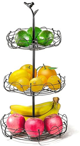 Ouseen Soporte para cesta de frutas con nido de pájaros de 3 niveles con bonito asa, organizador multifuncional de frutas y verduras de metal para encimera de cocina, ideal para decoración y