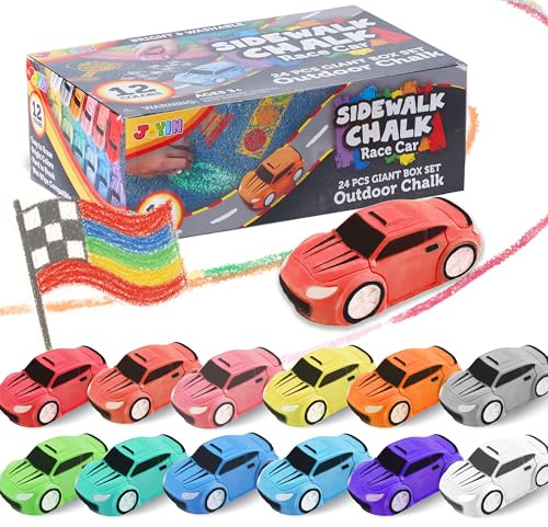 JOYIN 24PCS Race Car Sidewalk Chalk Bulk, Party Favors for Kids, Non Toxic Washable Jumbo Chalk,Toddler Outdoor Toys, Individually Wrapped, Birthday Gifts, Outside Toys (12 Colors)