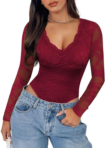 SAUNGKUAI Women's V Neck Lace Bodysuit Long Sleeve Bodysuits Double Lined Going Out Tops Y2K Trendy Thong Outfits Burgundy M