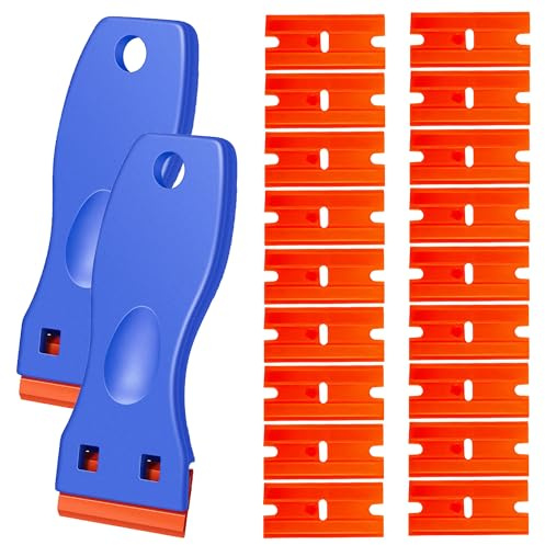 2 Pcs Plastic Scraper with 100 Pcs Plastic Blades,Scratch-Free Plastic Paint Scraper,Scraper Tool,Wallpaper Scraper for Removing Labels Stickers Decals,Safe for Glass(Blue)