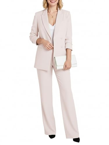 YILOTE Women's Two Piece Sets Pants Suits Dressy Business Casual Outfits Pantsuits Set Work Office Blazer and Wide Leg Beige
